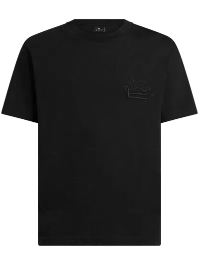 ETRO ETRO BLACK T-SHIRT WITH PEGASUS EMBROIDERY