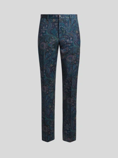 Etro Tailored Floral-motif Trousers In Blue