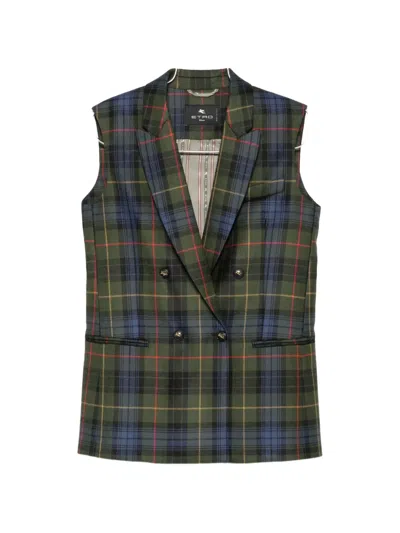Etro Tartan Double-breasted Gilet In Green
