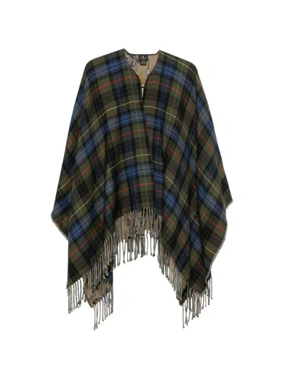 Etro Tartan Fringed Poncho In Green