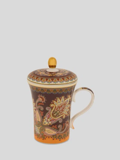 Etro , Tasse Aus Porzellan Mit Deckel Und Paisley-foliage-motiv, Violett In Purple