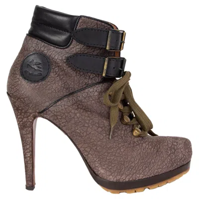 Pre-owned Etro Taupe Grained Leather Lace-up Platform Ankle Boots Shoes 37 In Brown