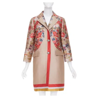 Pre-owned Etro Taupe Red Placed Floral Cotton Blend Jacquard Overcoat It42 M