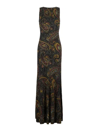 Etro Tech Fabric Embroidered Long Sleeveless Round Neck Dress In Multicolor