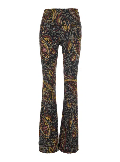 Etro Tech Fabric Flared-leg High-waist Trousers With All-over Print In Multi