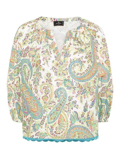 Etro Printed Cotton 3/4 Sleeve Shirt In White