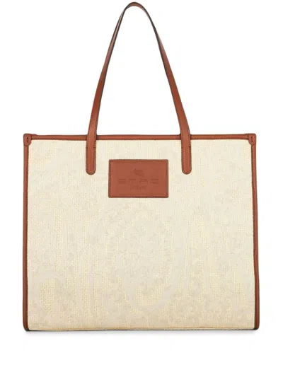 Etro Textured Beige Tote Bag With Leather Handles In Neutral