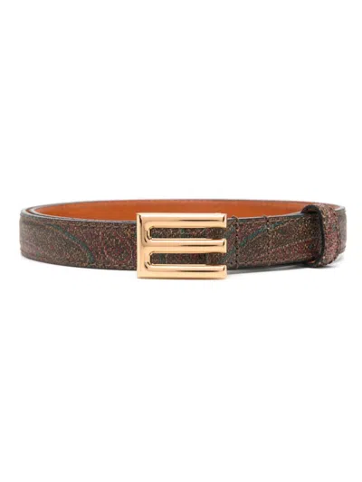 Etro Textured Belt With Polished Gold-tone Buckle In Brown