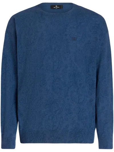 Etro Textured C-neck Wool Sweater With Ribbed Detail In Blue