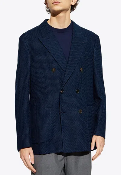 Etro Textured Double-breasted Blazer In Navy