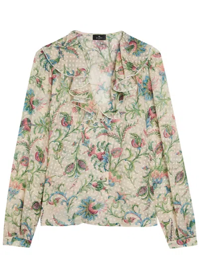 Etro Textured Floral-print Silk-blend Shirt In Green