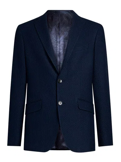 Etro Roma Navy Textured Cotton Knit Blazer In Blue