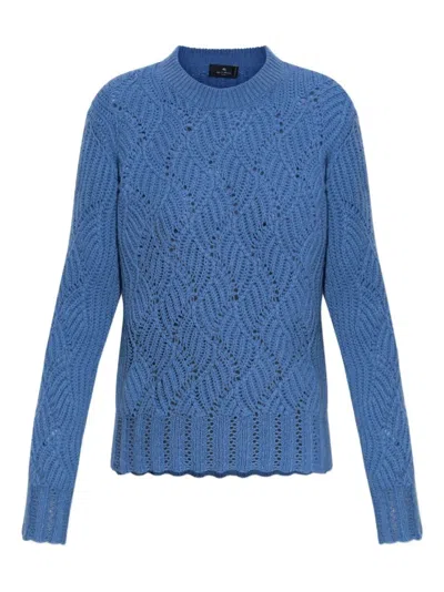 Etro Textured Wave Pattern Knitwear Top With Scalloped Hem In Blue