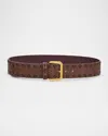 Etro Threaded Arnica-print Leather Belt In Burgundy