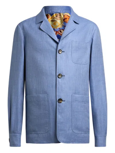 Etro Three-button Patch-pocket Linen Jacket In Blue