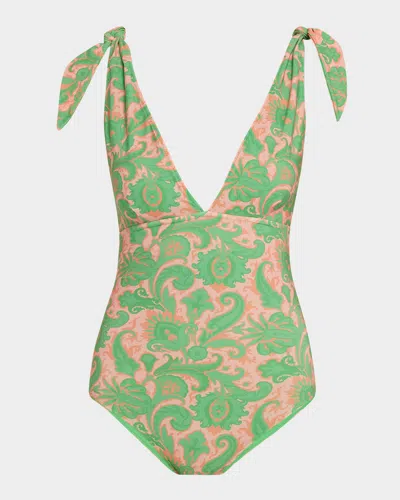 Etro Tie-shoulder One-piece Swimsuit In Print On Yellow Base