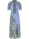Etro Satin Dress With Embroidered Floral Print In Blue