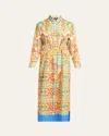 Etro Tile-print Belted Long-sleeve Midi Shirtdress In Yellow