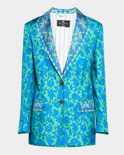 Etro Tile-print Engineered Silk Boyfriend Jacket In Print On Green Base
