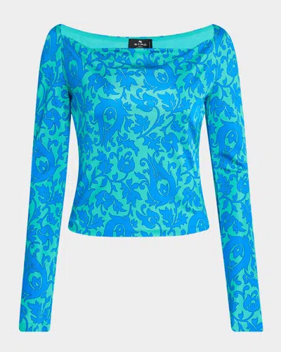 Etro Tile-print Jersey Long-sleeve Top In Print On Green Base