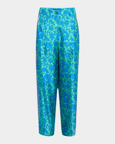 Etro Tile Silk Print Engineered Trousers In Print On Green Base