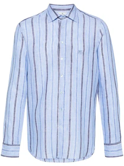 Etro Pegaso-embroidered Striped Linen Shirt In Blue