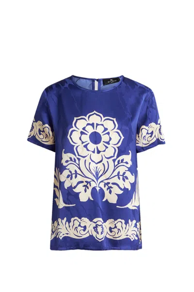 Etro Floral Print Satin Round Neck T-shirt In Blue