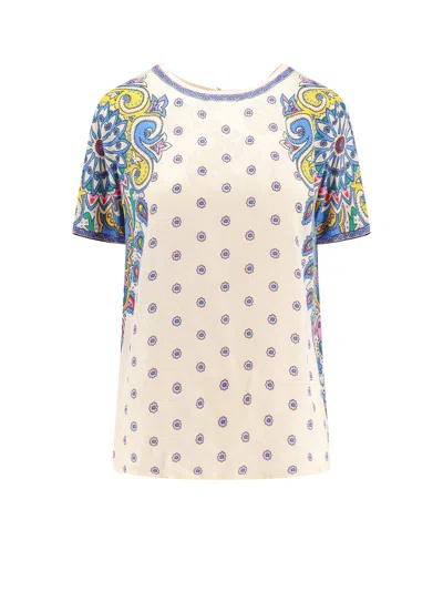 Etro Multi-coloured Floral Print Top With Back Button Fastening In White