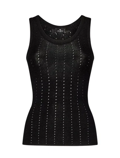 Etro Silk Blend Tank Top With Vertical Punched Pattern In Black