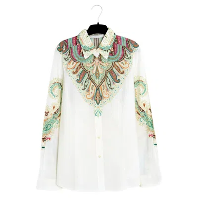 Pre-owned Etro Top Chemise Boteh Fr40 White Green Poplin Shirt Blouse Uk12 Us10 Pristine
