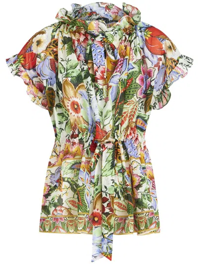 Etro Floral Ruffled Cotton Blouse In Multi