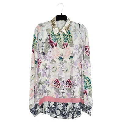 Pre-owned Etro Top Ecru Rose Fr40 Pink Floral Silk Crepe Blouse Uk12 Us10 In Red