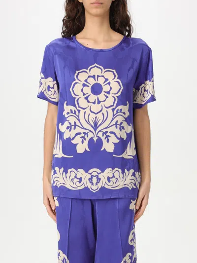Etro Floral Print Satin Round Neck T-shirt In Blue