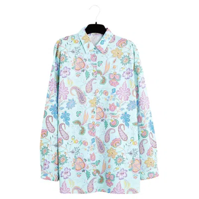 Pre-owned Etro Top Fr42 Baby Blue Paisley Poplin Shirt Blouse Uk14 Us12