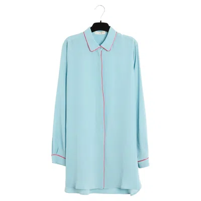 Pre-owned Etro Top Soie Fr38 Turquoise Silk Crepe And Pink Piping Blouse Uk10 Us8