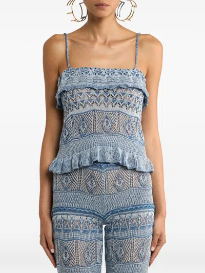 Etro Top White Navy Punto Det Embroidered In Blue