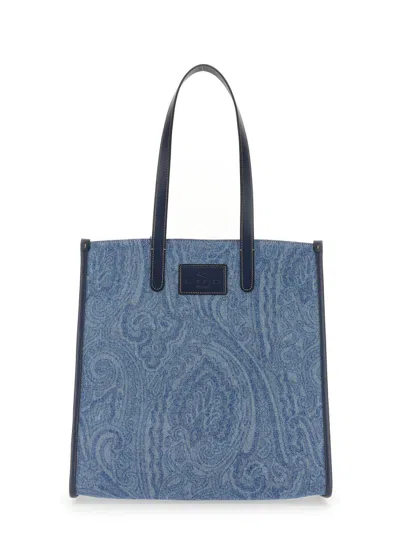 Etro Tote Bag With Print In Azure
