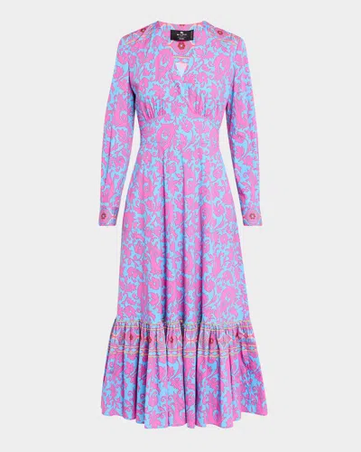 Etro Trellis-print Long-sleeve Flounce Cotton Midi Dress In Lt Blue Print