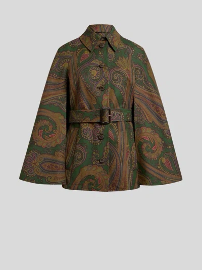 Etro , Trench-cape Aus Baumwollgabardine Mit Paisley-motiv, Damen, Grün, Grösse 36