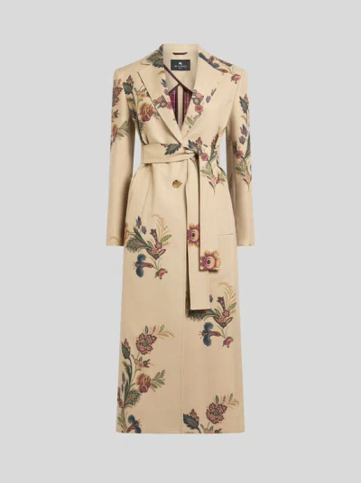 Etro , Trenchcoat Aus Baumwolle Mit Blumenprint, Damen, Beige, Grösse 46 In Sand