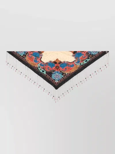 Etro Triangle Scarf Polka Dot Beads Fringe In Blue