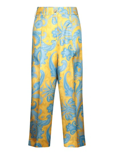 Etro Yellow & Blue Print Silk Trousers In Multi