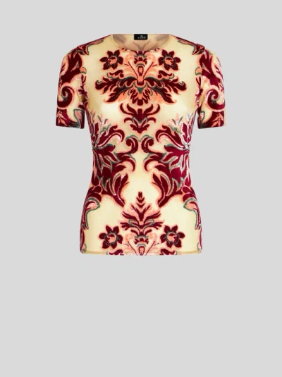 Etro Patterned-jacquard Tulle T-shirt In Red Multi