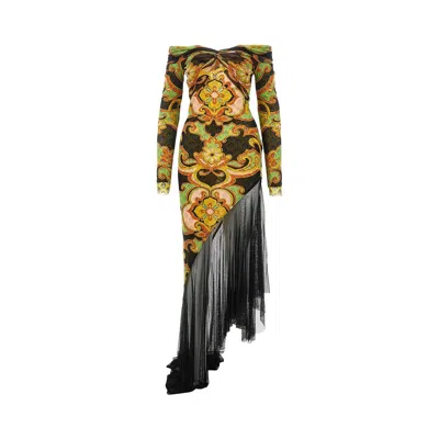 Etro Asymmetrical Midi Dress In Stretch Tulle With Traditional Floral Print In Multi