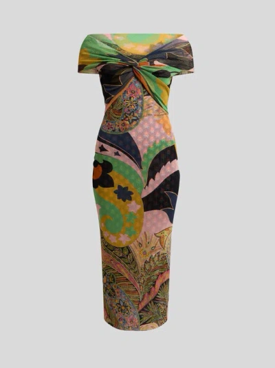 Etro , Tulle Midi Dress With Open Shoulders And Two Prints, Woman, Multicolour, Size 46