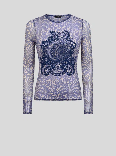 ETRO , TULLE SWEATER WITH SHELL PRINT, WOMAN, ELECTRIC BLUE, SIZE 48
