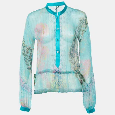 Pre-owned Etro Turquoise Blue Printed Lurex Silk Sheer Blouse S