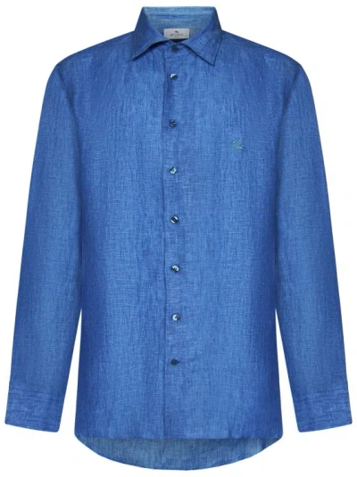 Etro Turquoise Linen Shirt In Blue