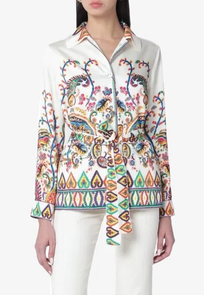 Etro Tweed Belted Jacket In White