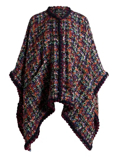 Etro Tweed Pom-pom Trim Cape In Multi